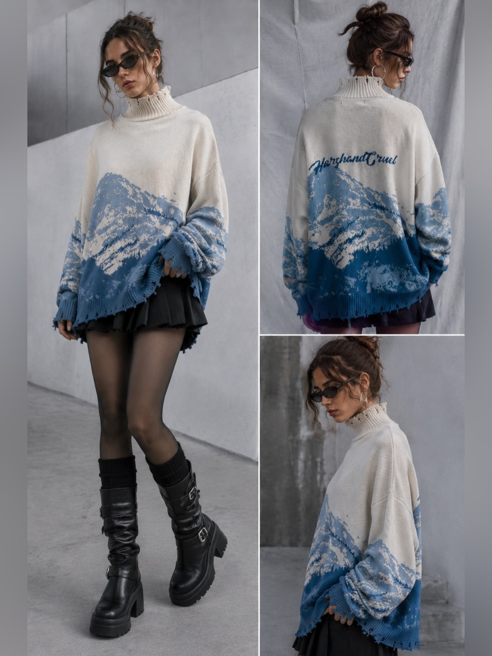 Harsh & Cruel Snow Mountain Distressed Turtleneck Sweater M grunge luxury Edgy N